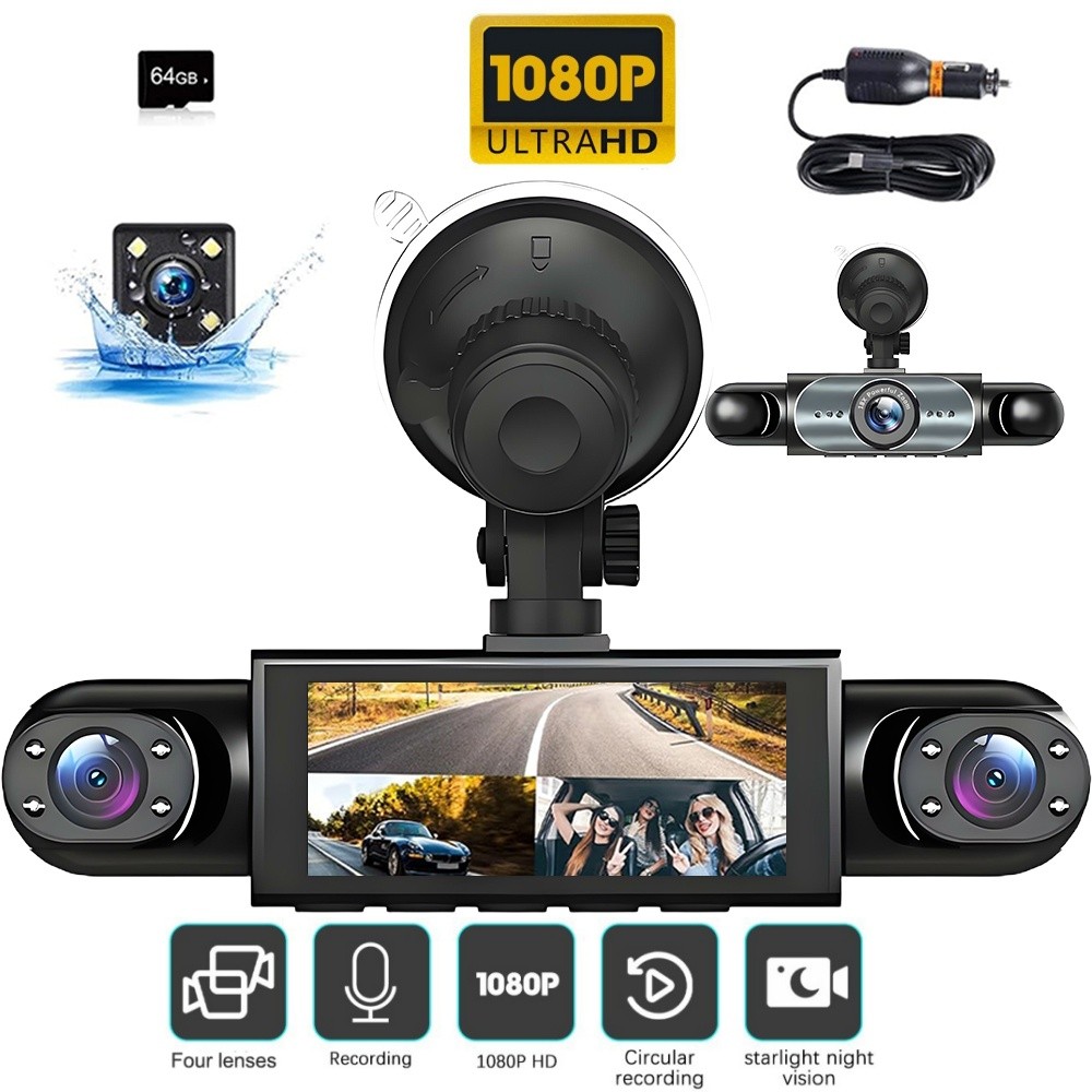 64G Card 4 Channel 1080P HD Car Dash Cam Front & Rear Inside Left Right + Camera