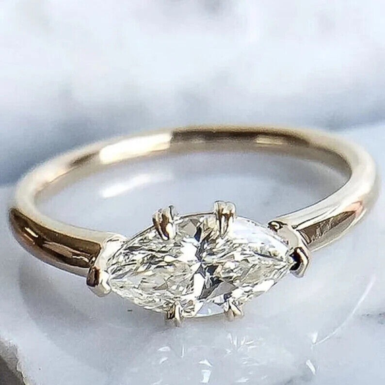 Lab-Created 3.20 Ct Marquise Cut White Diamond Wedding Ring 14K Yellow Gold Over