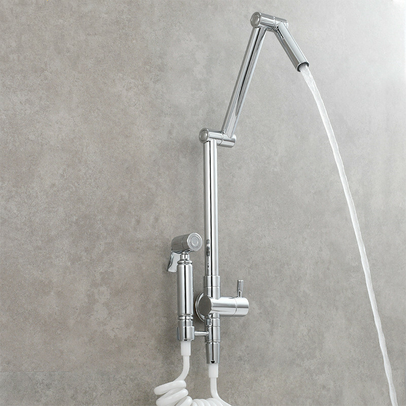 Brass Single Cold Kitchen Faucet Tap Fold-able Wall Mounted Sink Hand Sprayer