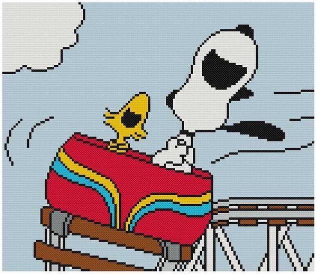 CROSS STITCH+ CRAFT PATTERN Snoopy Woodstock Roller Coaster Amusement Park Ride