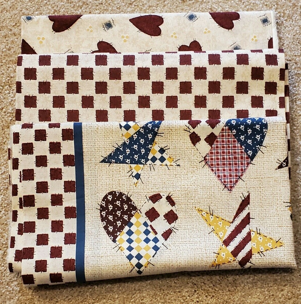 "ONE HEART ONE MIND" Cotton Farmhouse Fabric Matching 3 pcs Checks, Hearts