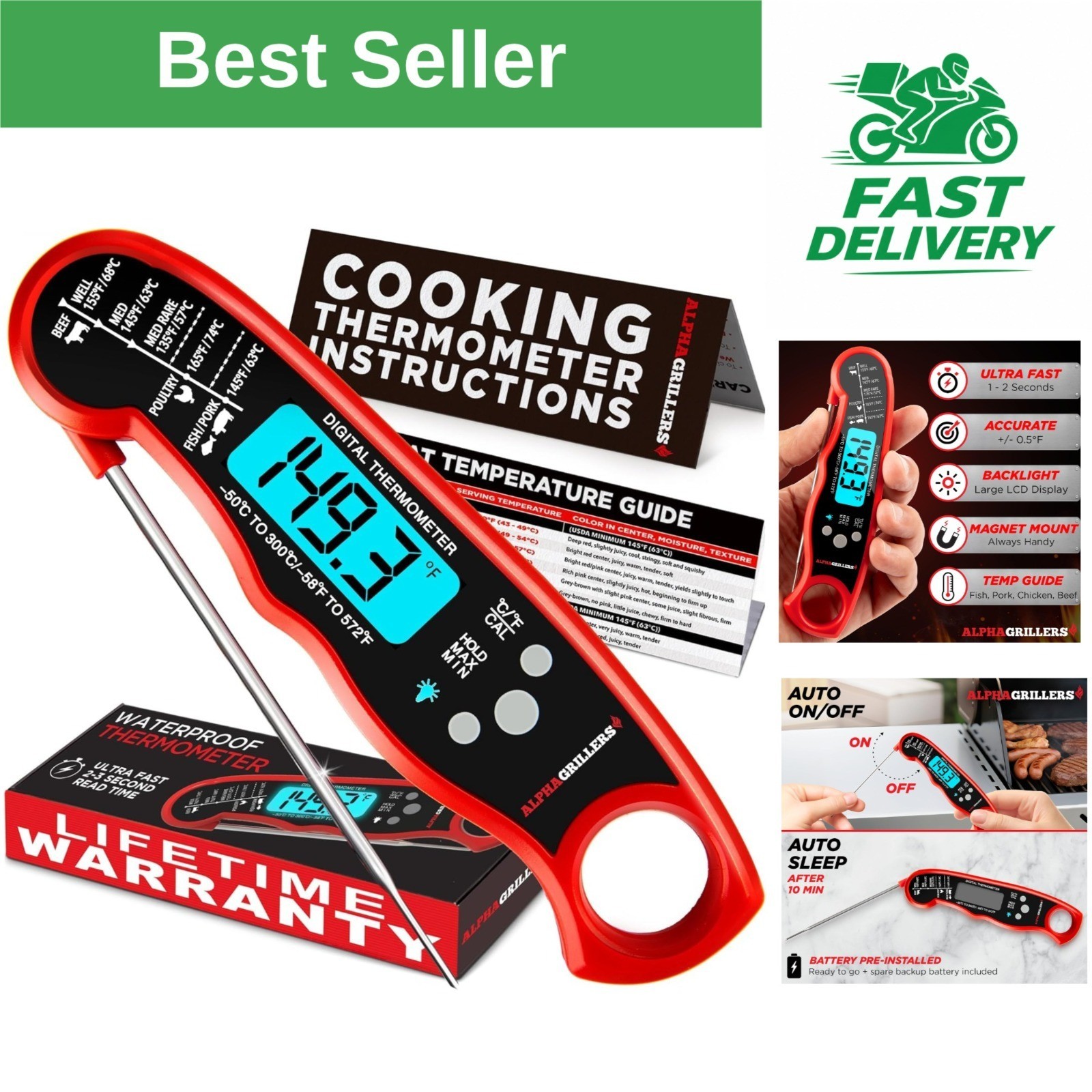 Alpha Grillers Instant Read Meat Thermometer - Fast & Waterproof