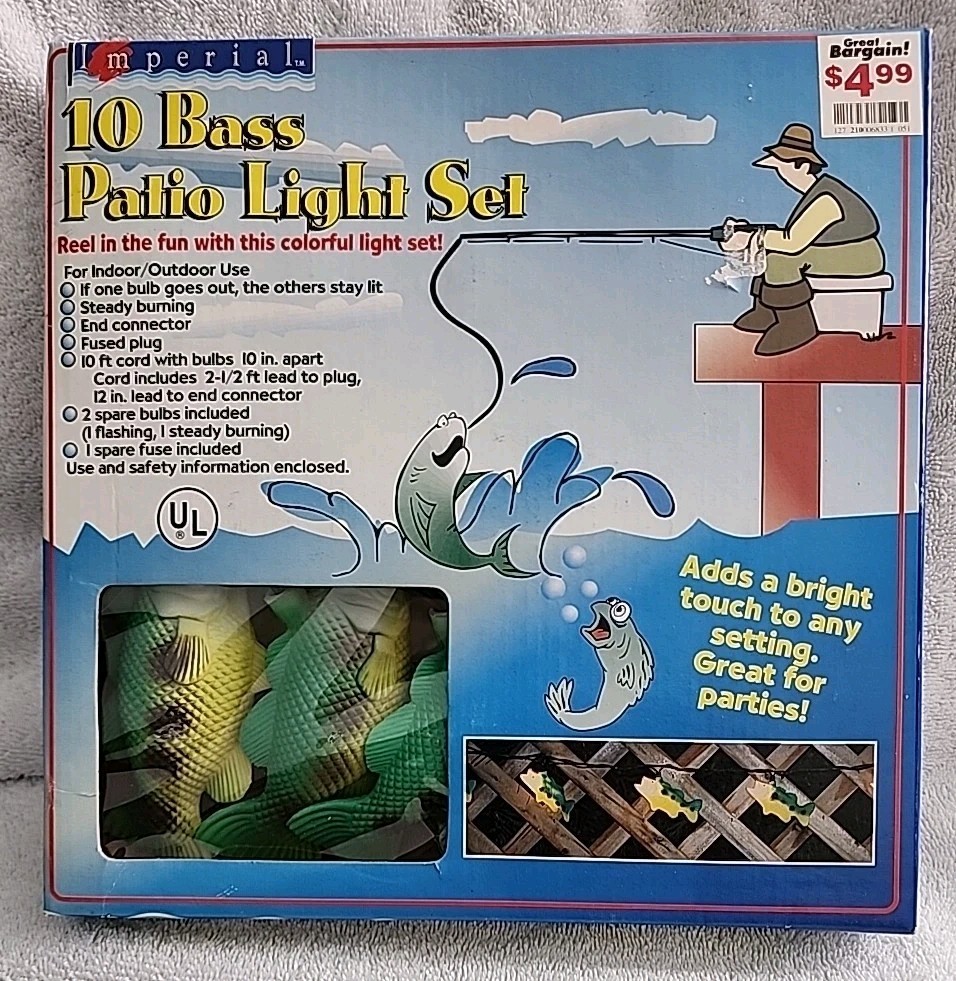 Vtg Imperial 10 Bass Fish Patio Lights NIB New Indoor Outdoor 10ft Total