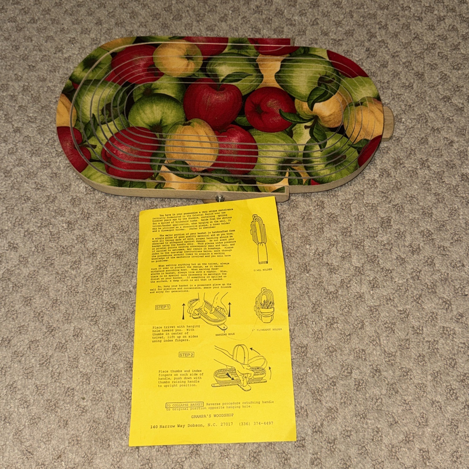 Collapsible Wooden Basket Hand Carved Foldable Bowl Apples Farmhouse Decor