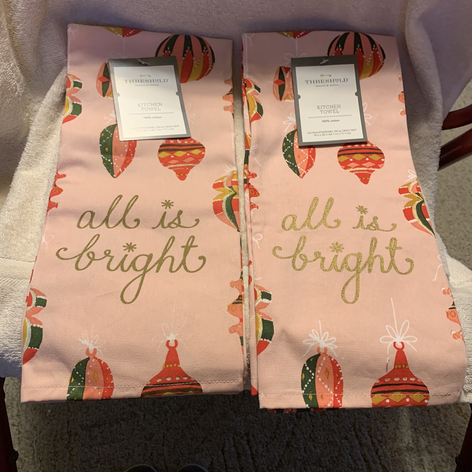 2PK Christmas Dish Tea Towel Cotton Winter Holiday Sparkle Ornaments Pink Towels