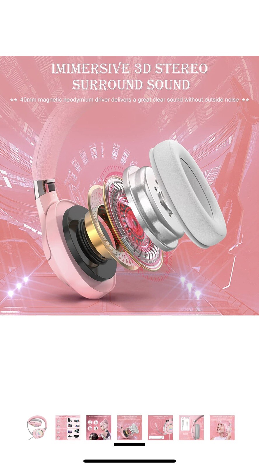Foldable Pink Gaming Headset Compatible