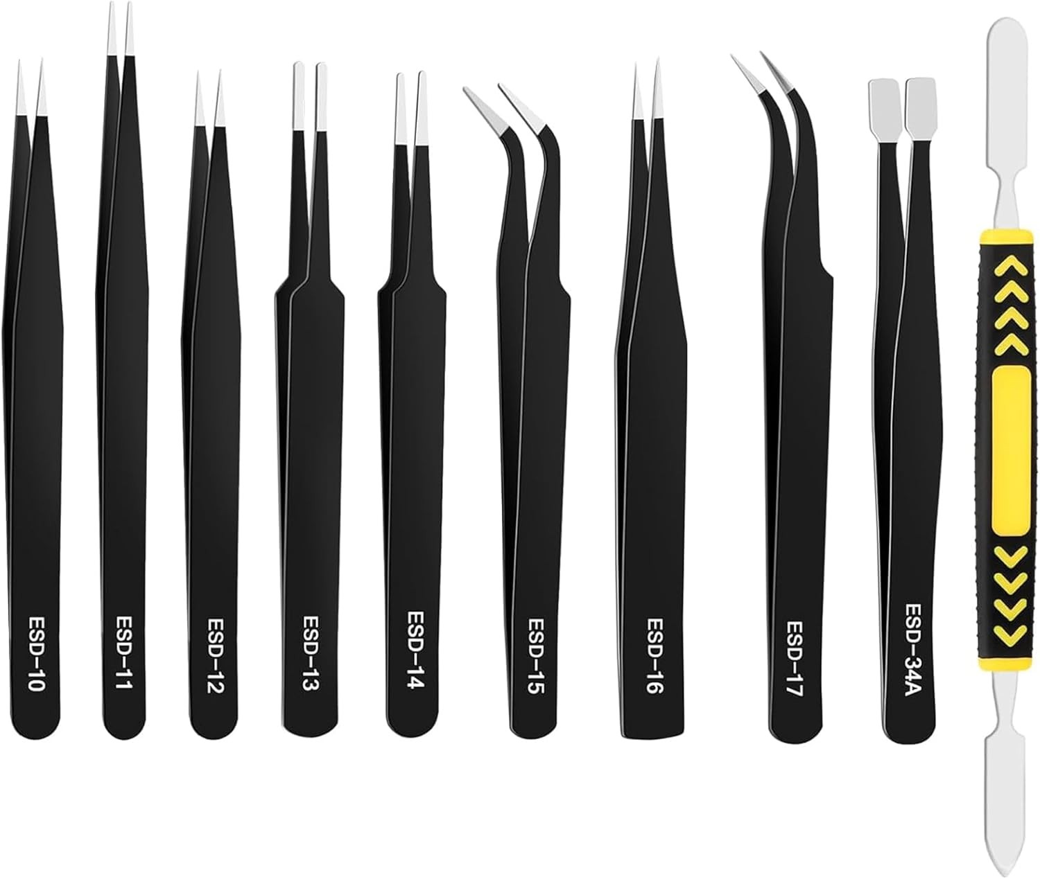 Precision Tweezers Set 10 Piece, ESD Safe Anti-Static Stainless Steel Kit with C