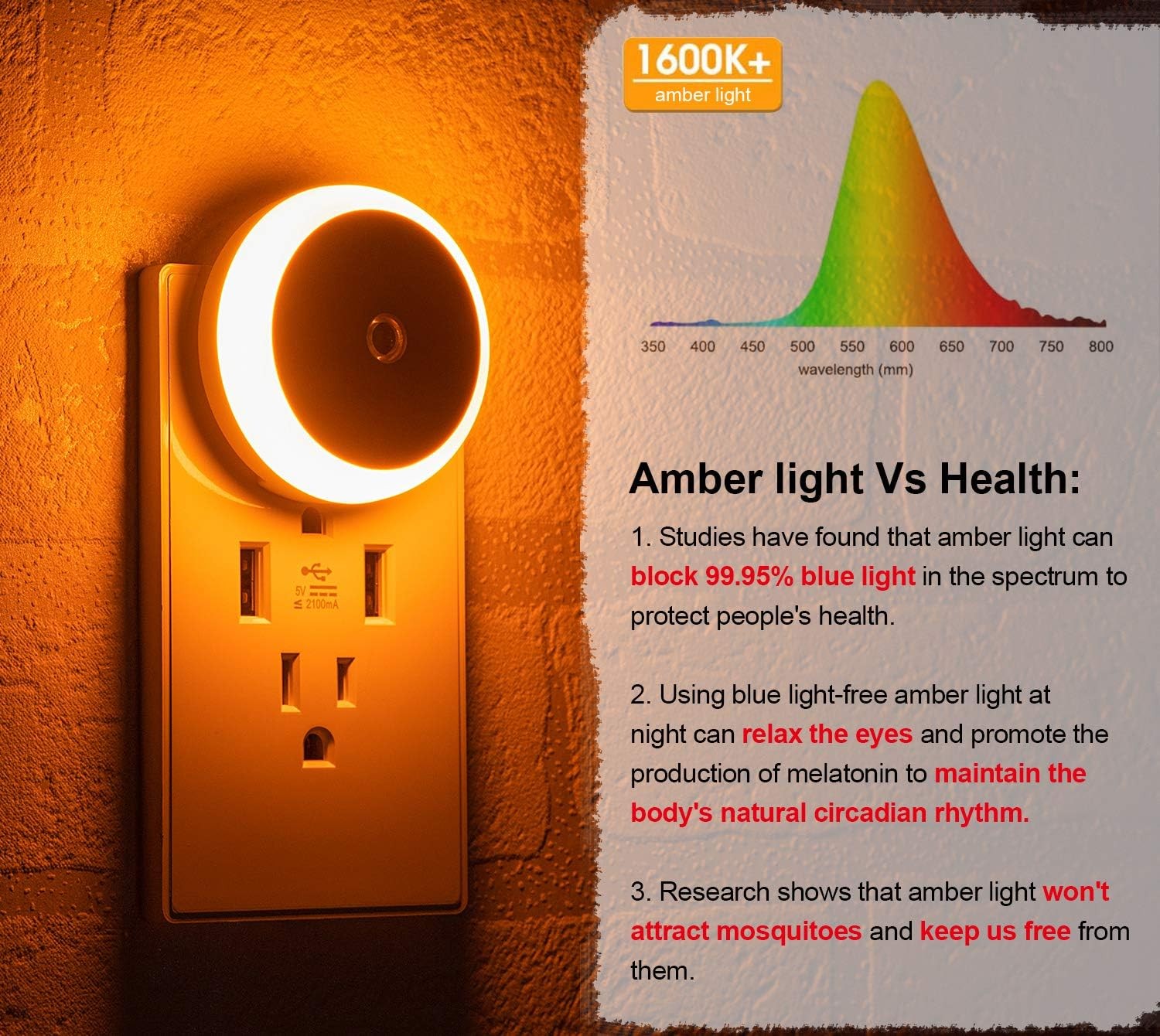 Amber Night Light Motion Sensor Night Light Plug for Bathroom, Kitchen, Hallway