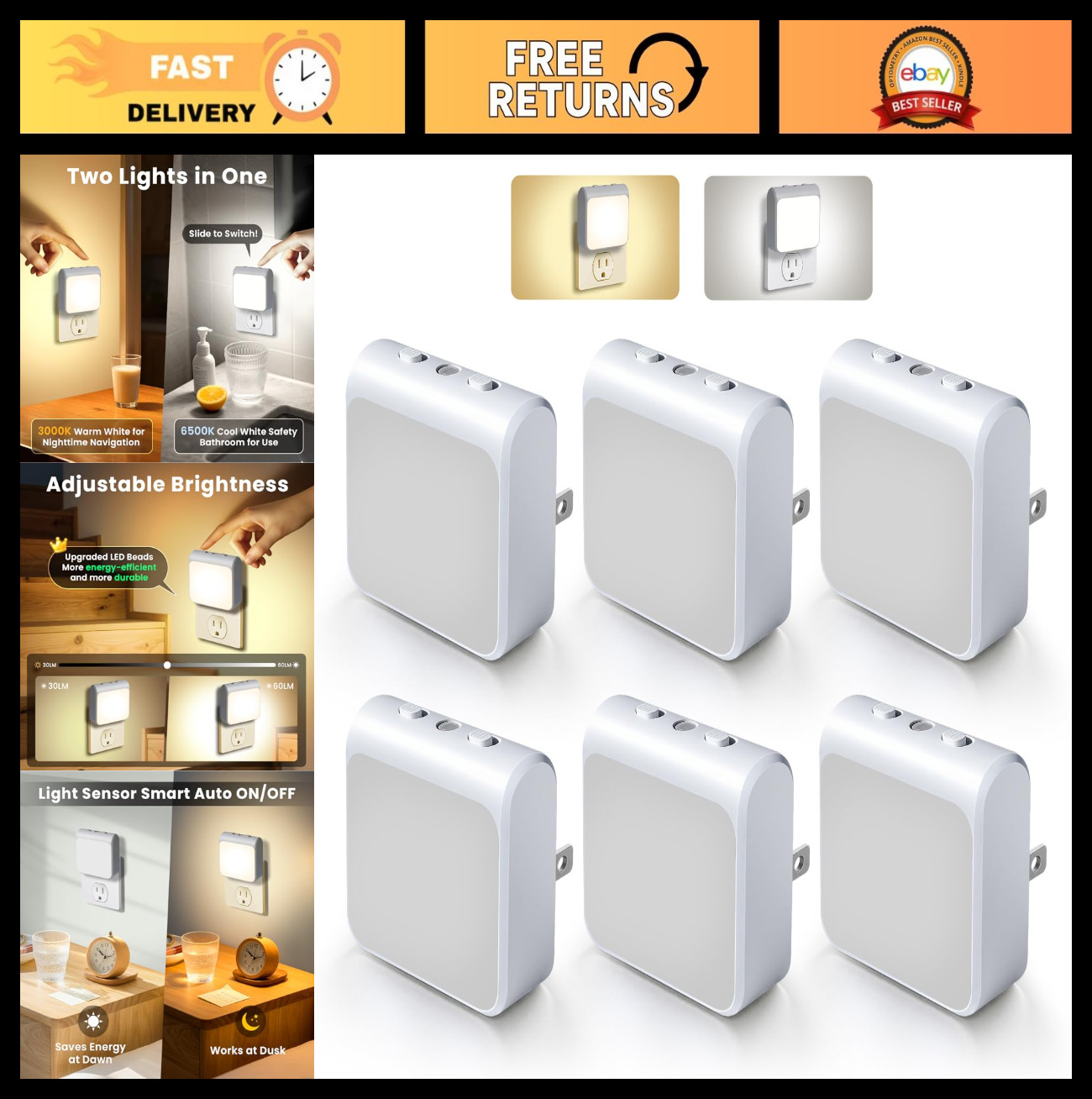 6-Pack Dimmable LED Night Lights with Dusk to Dawn Sensor, Adjustable Brightness