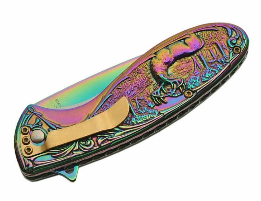 Spring-Assist Folding Pocket Knife | Easy Open 3.5" Blade Rainbow Deer Hunter