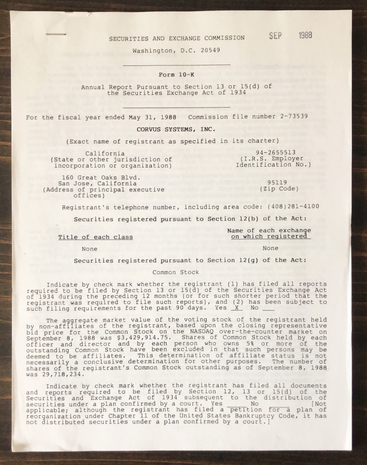 1988 Corvus Systems Form 10-K Report