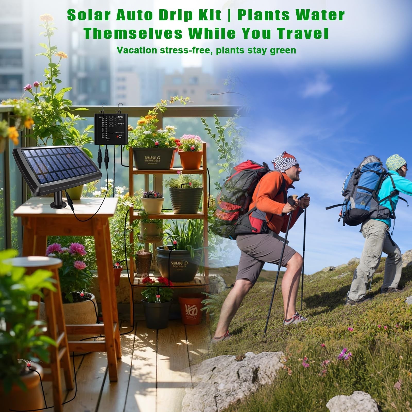 Solar Drip Irrigation System - Auto Watering Kit for 15 Pots, 49FT Hose, Timer &