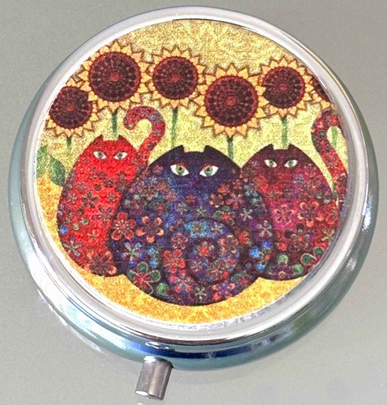 Boho Folk Art Floral Cats Sunflowers 3 Compartment Purse Travel Vitamin Pill Box