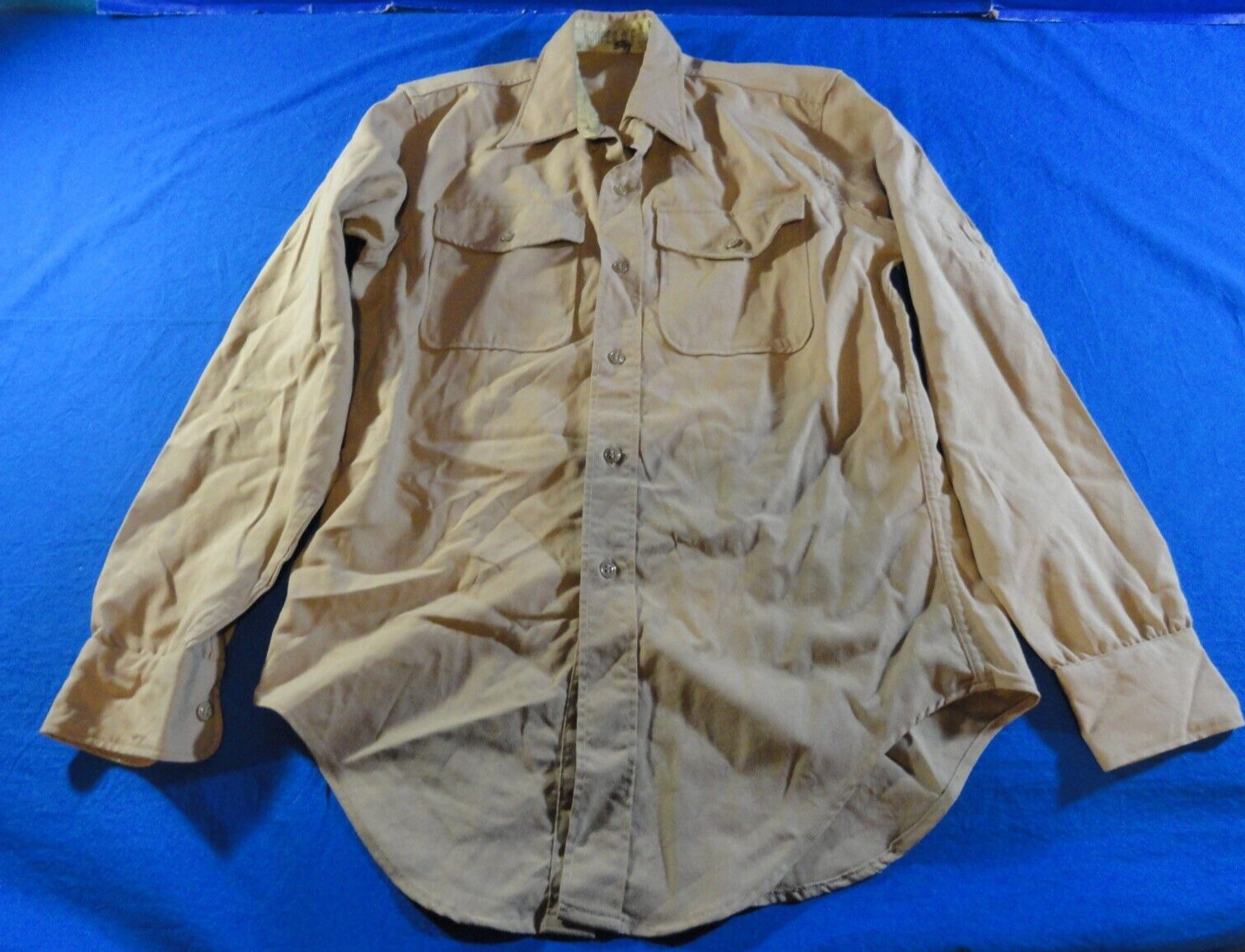 VINTAGE USMC MARINE CORPS TAN KHAKI LONG SLEEVE UNIFORM DRESS SHIRT 15X34