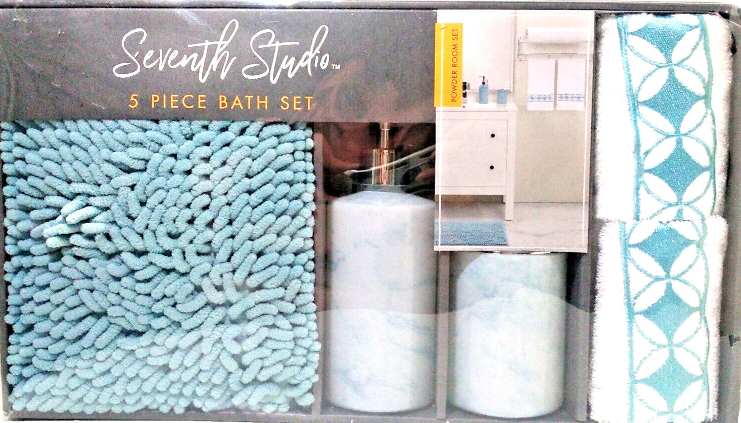 Seventh Studio~ 5 PIECE BATH SET (soap dispenser/toothbrush holder/rug/2 towels)