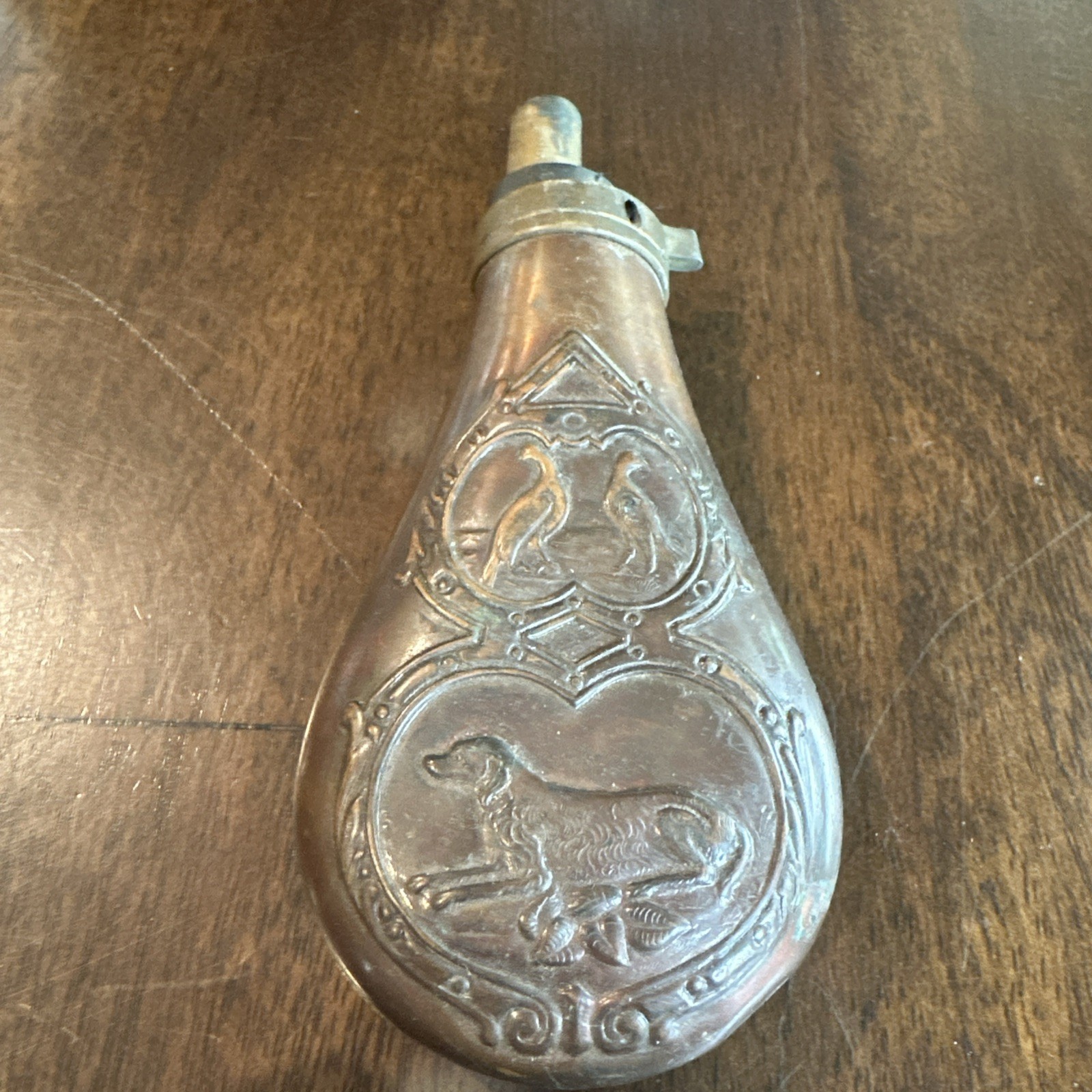 19th Century Embossed Metal Gun Powder Flask Hunting Dog Bird