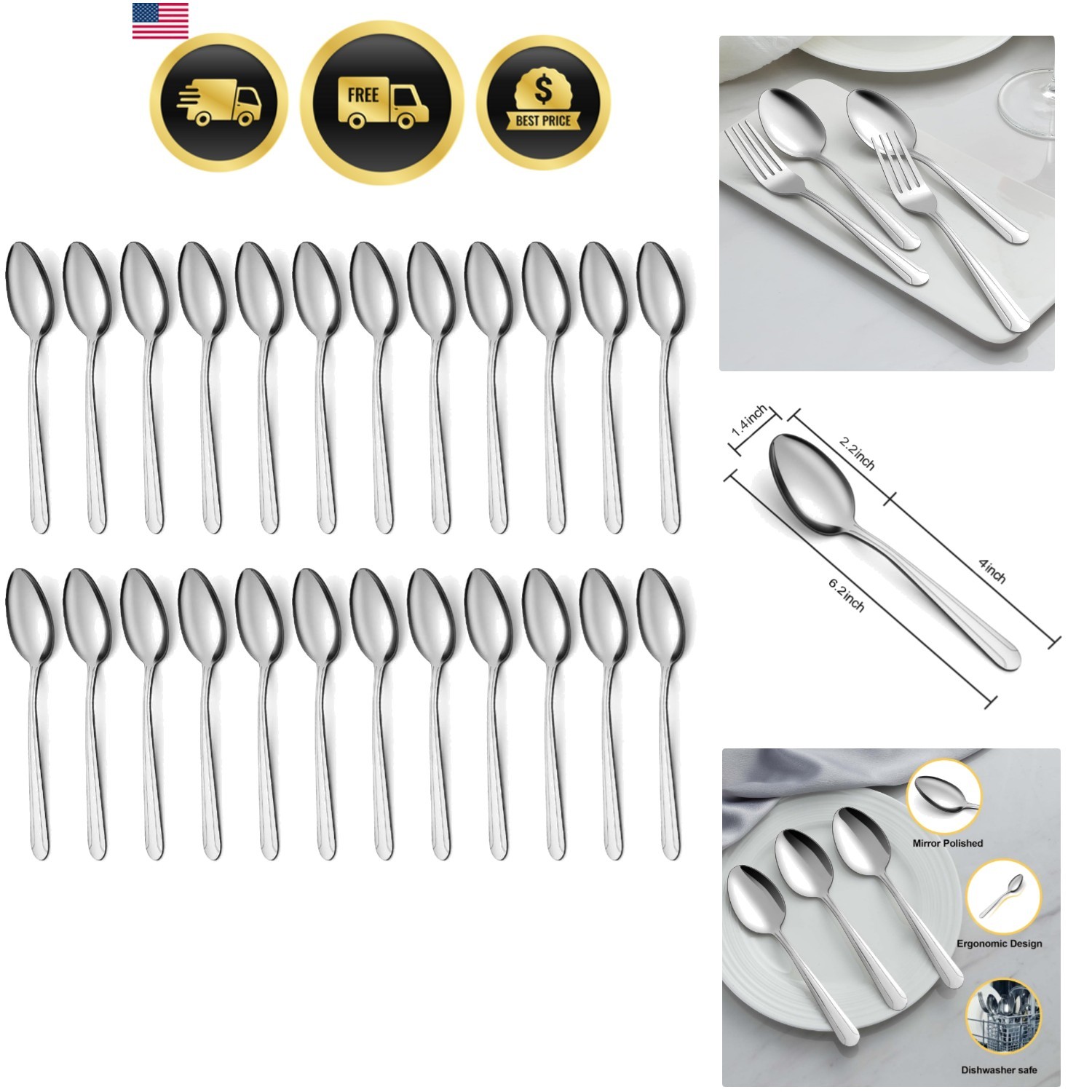 24 Pieces Teaspoons, 6.2 Inches Stainless Steel Teaspoons Silverware, Spoon S...
