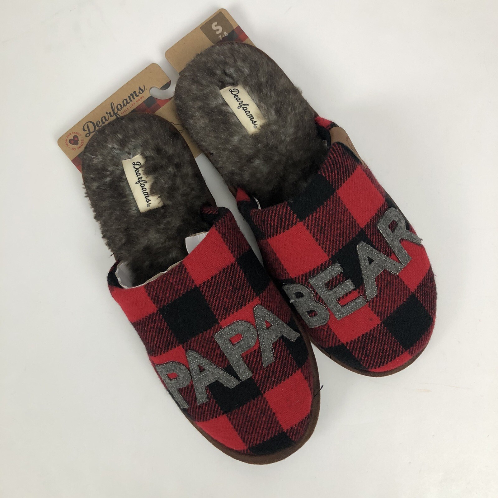 DEARFORMS Men’s Slippers Size Small (7-8) Red Plaid “PAPA BEAR” Memory Foam