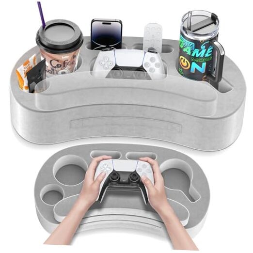 Couch Cup Holder Pillow Tray with 6 Slots, Gaming Pillow With Armrest Pad Grey