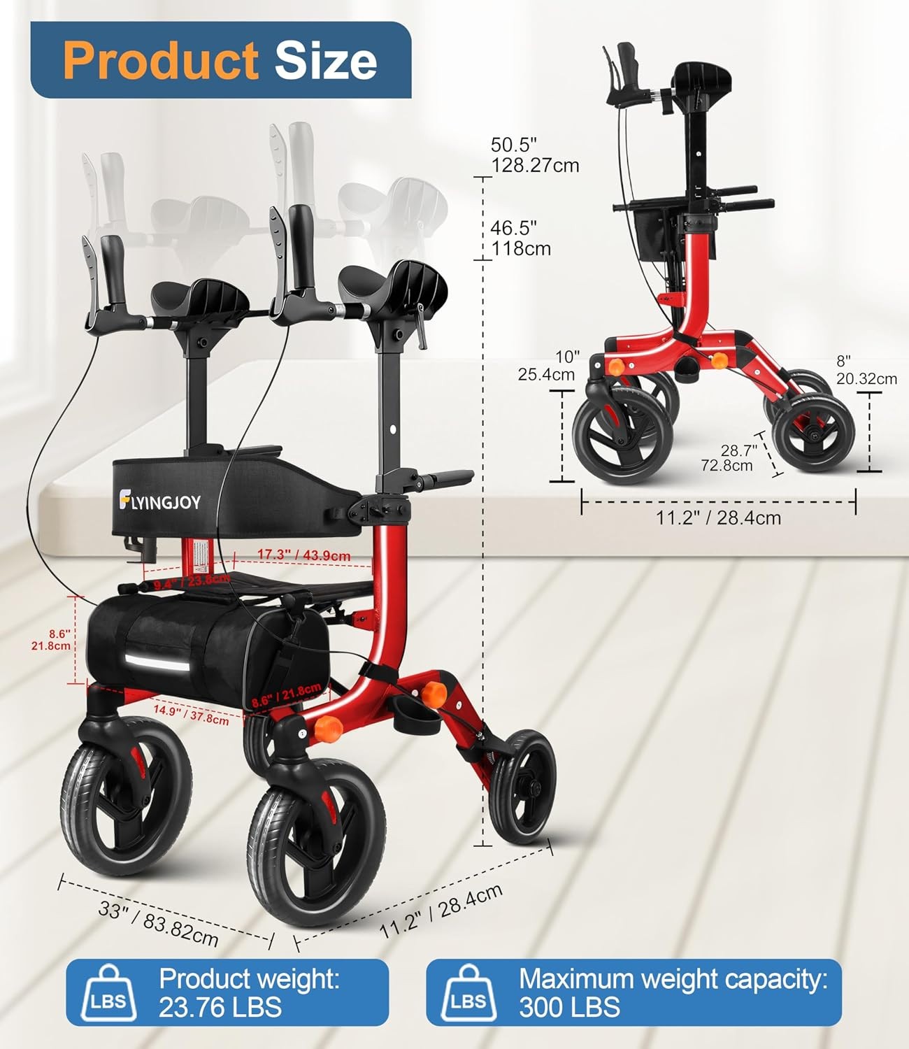 FlyingJoy Upright Rollator Walker Seat 10in Wheels 300lb Red Foldable