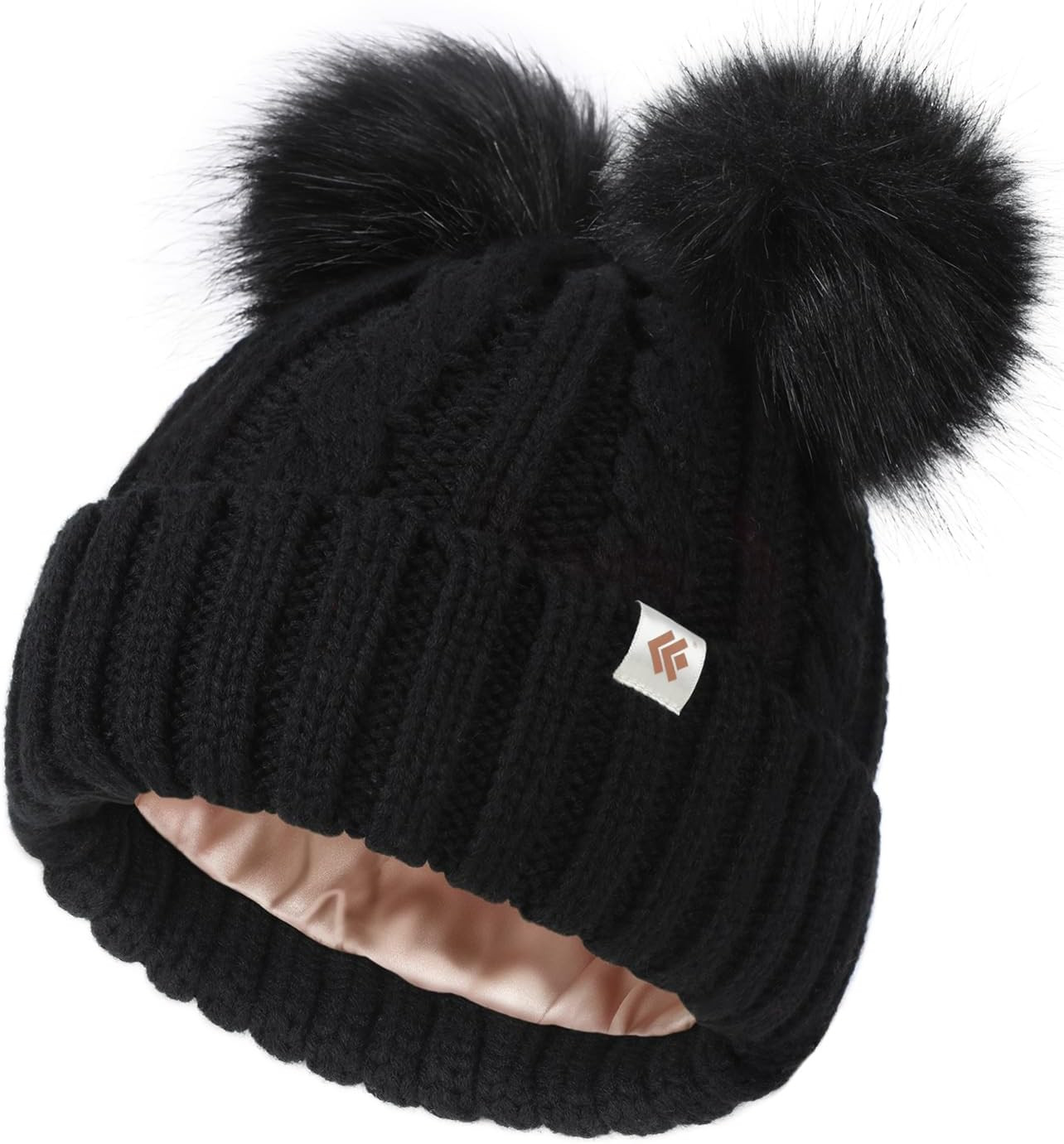 Satin Lined Winter Beanie Hats for Women Girls, Warm Knit Hats with Faux Fur Dou