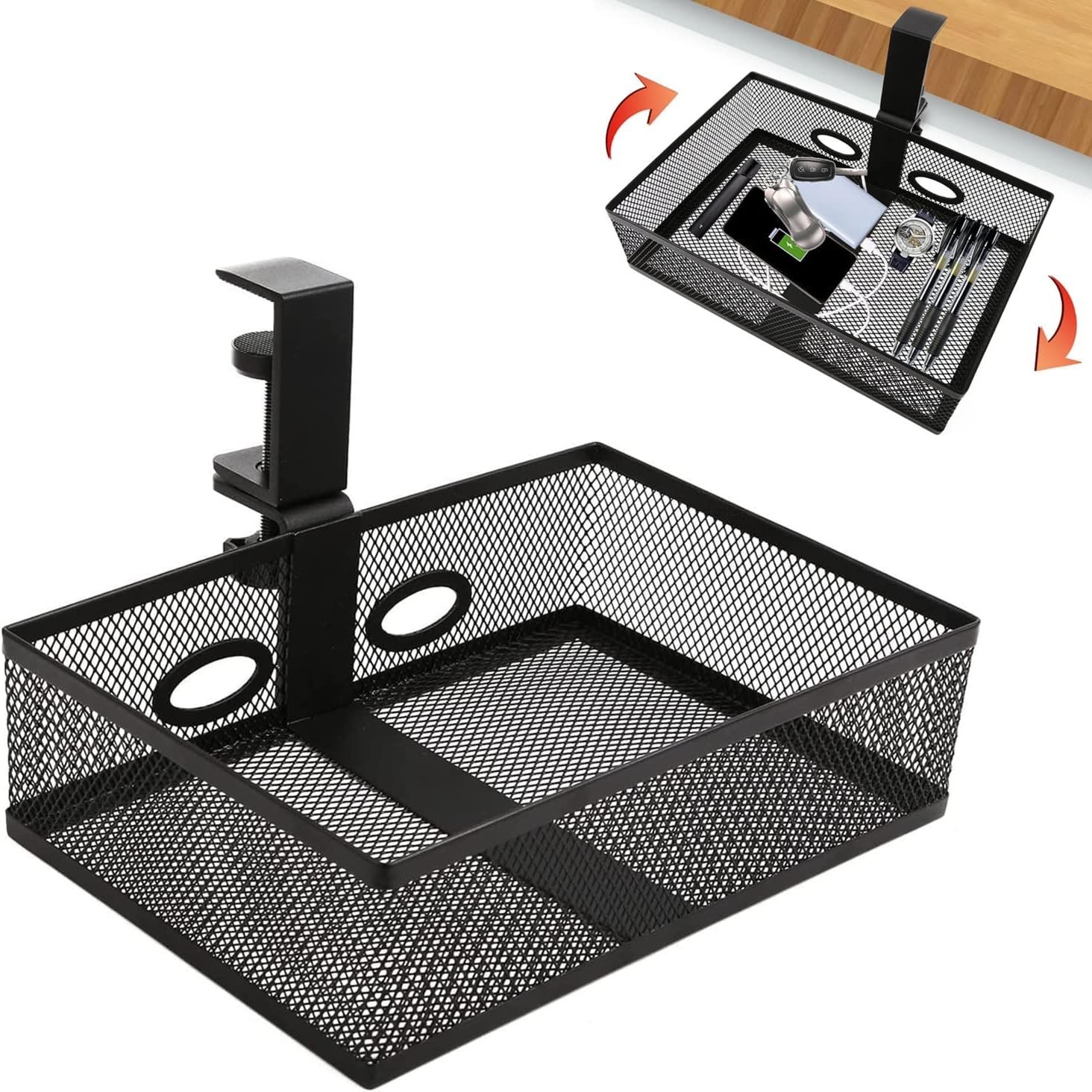 Black Under Desk Drawer Storage 360-Degree Rotating Desk Organizer Clamp-on