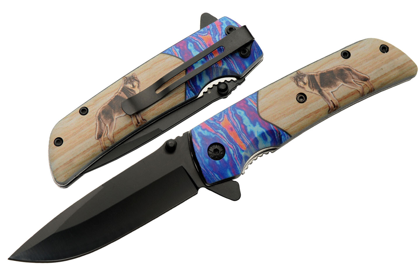 Folding Knife | Wolf Blue Brown Stainless Steel Drop Point Blade Tactical EDC