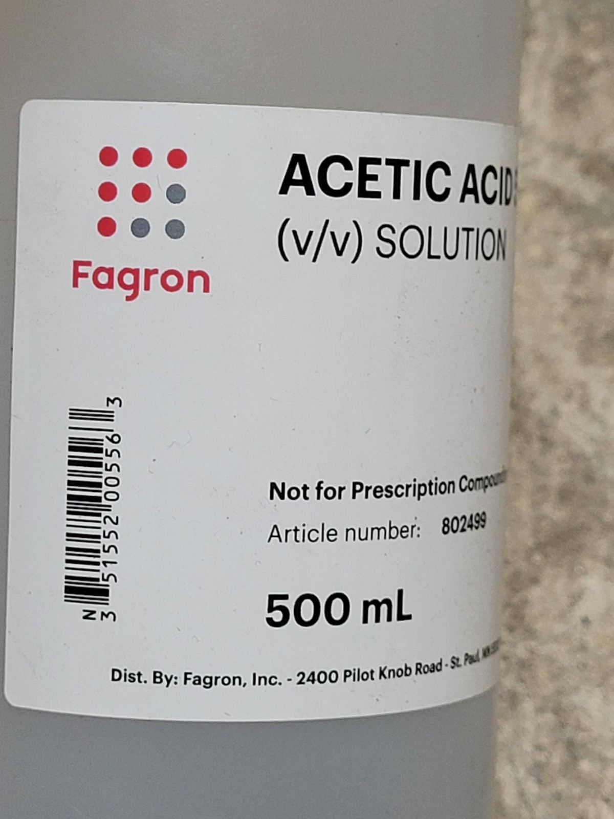 Fagron 802499 Acetic Acid 5% v/v Solution 500 ml Lab & Industrial Use 2 Bottles