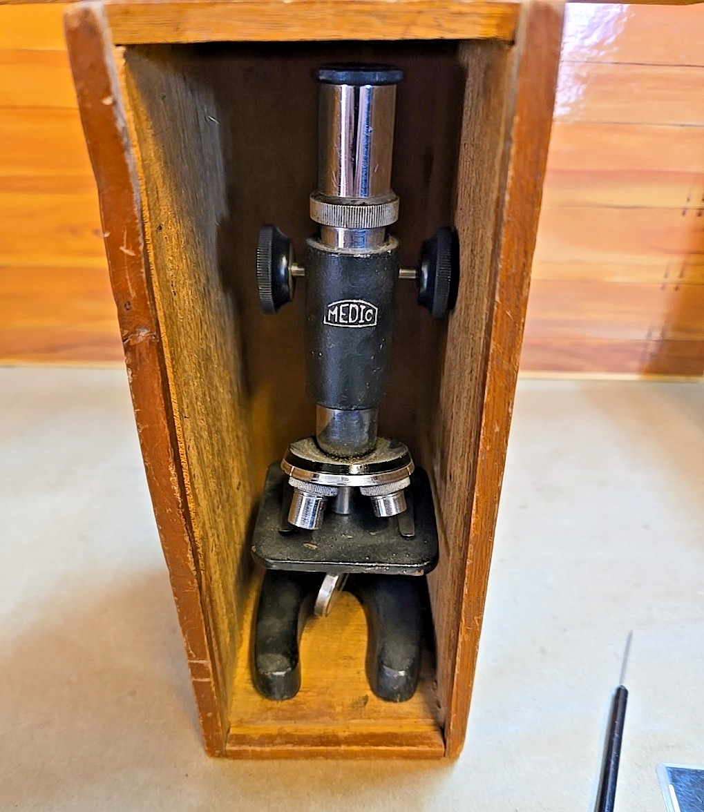 Vintage "Medic" Compound Microscope w/ Wooden Box; Two Data Cards Included