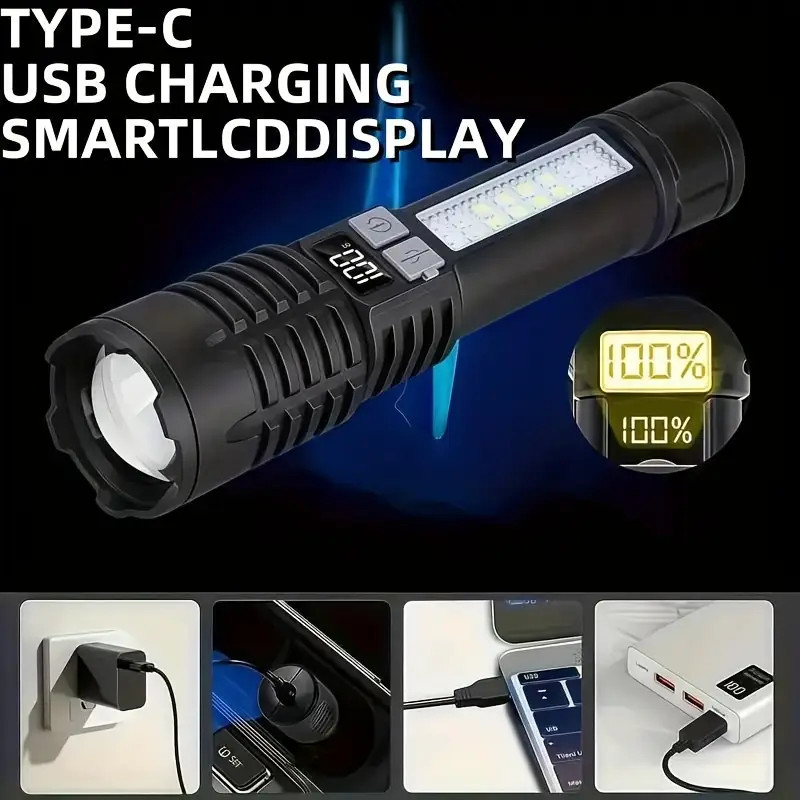 Rechargeable Long Distance LED Flashlight Tactical 5 Modes COB Side Lights