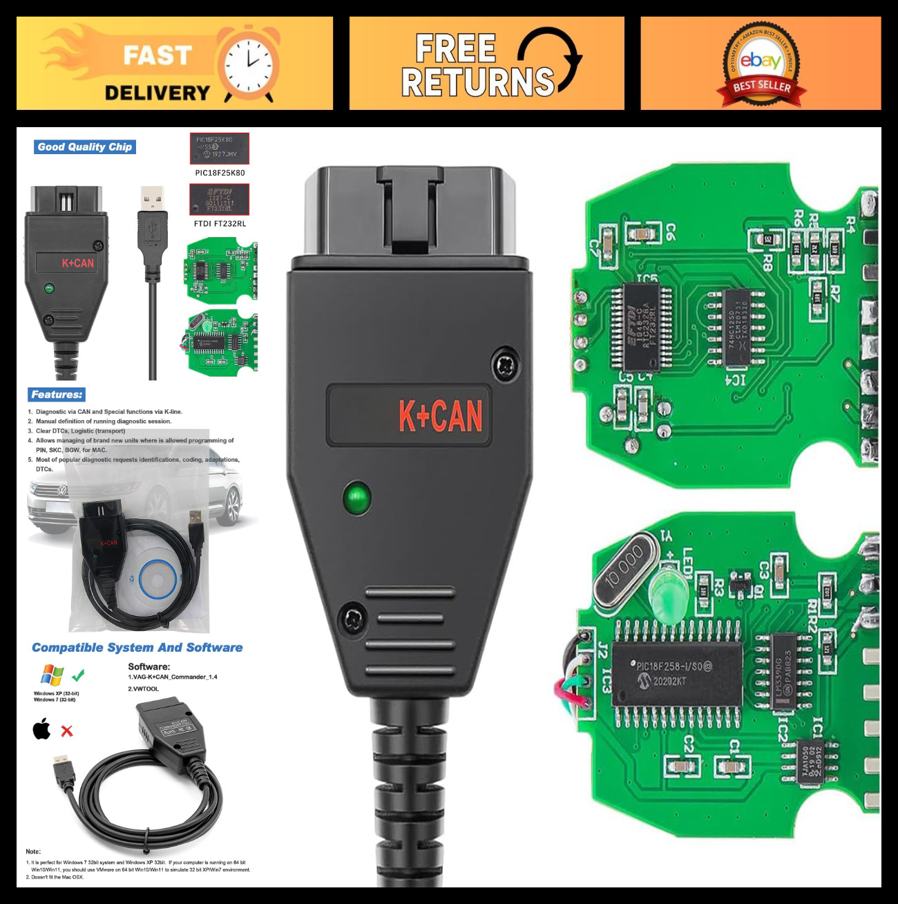 OBD2 K+CAN Commander 1.4 Code Reader Tool, FTDI Chip, VAG Audi VW Skoda Seat Dia