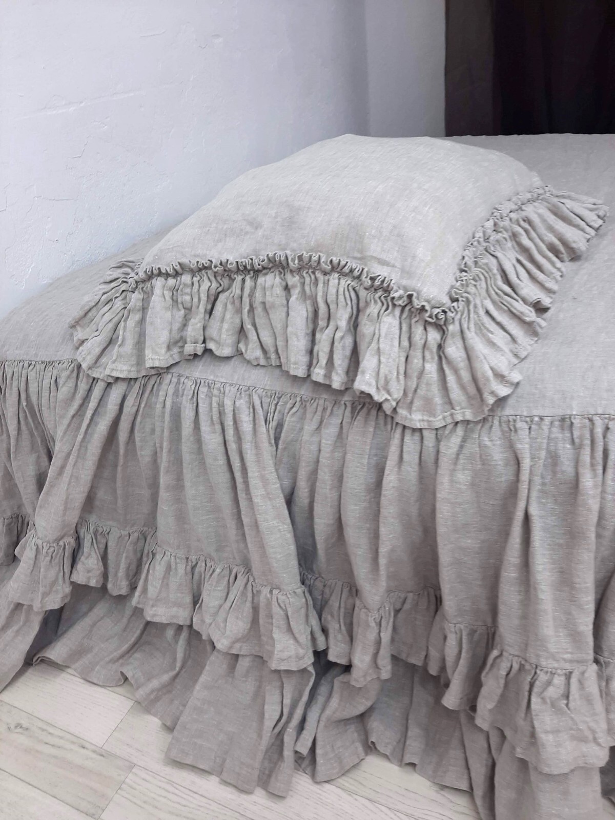Linen Pillow sham double ruffle around buttons closure natural linen bedding
