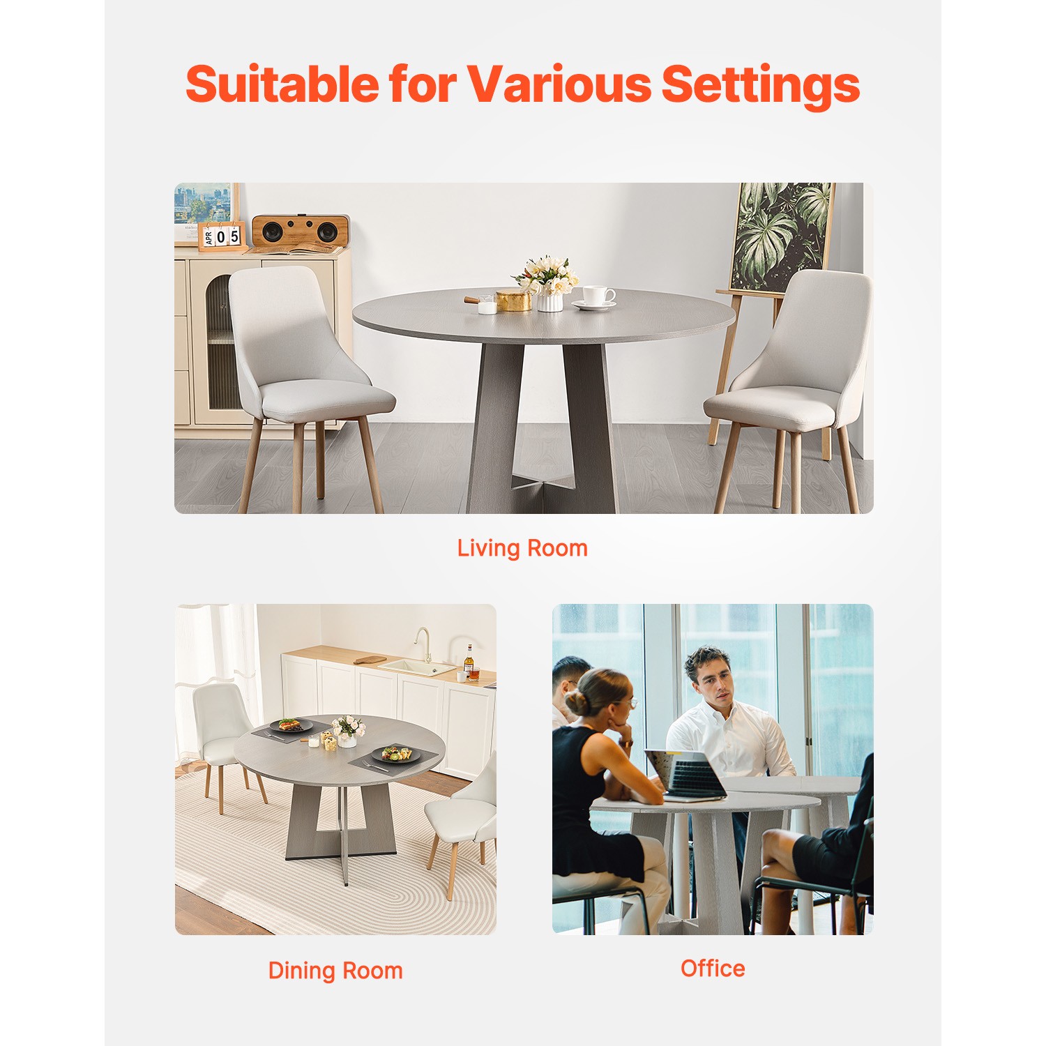 47 in Round Dining Table Wood Kitchen Table for 4-6 Person Grey (Only Table)