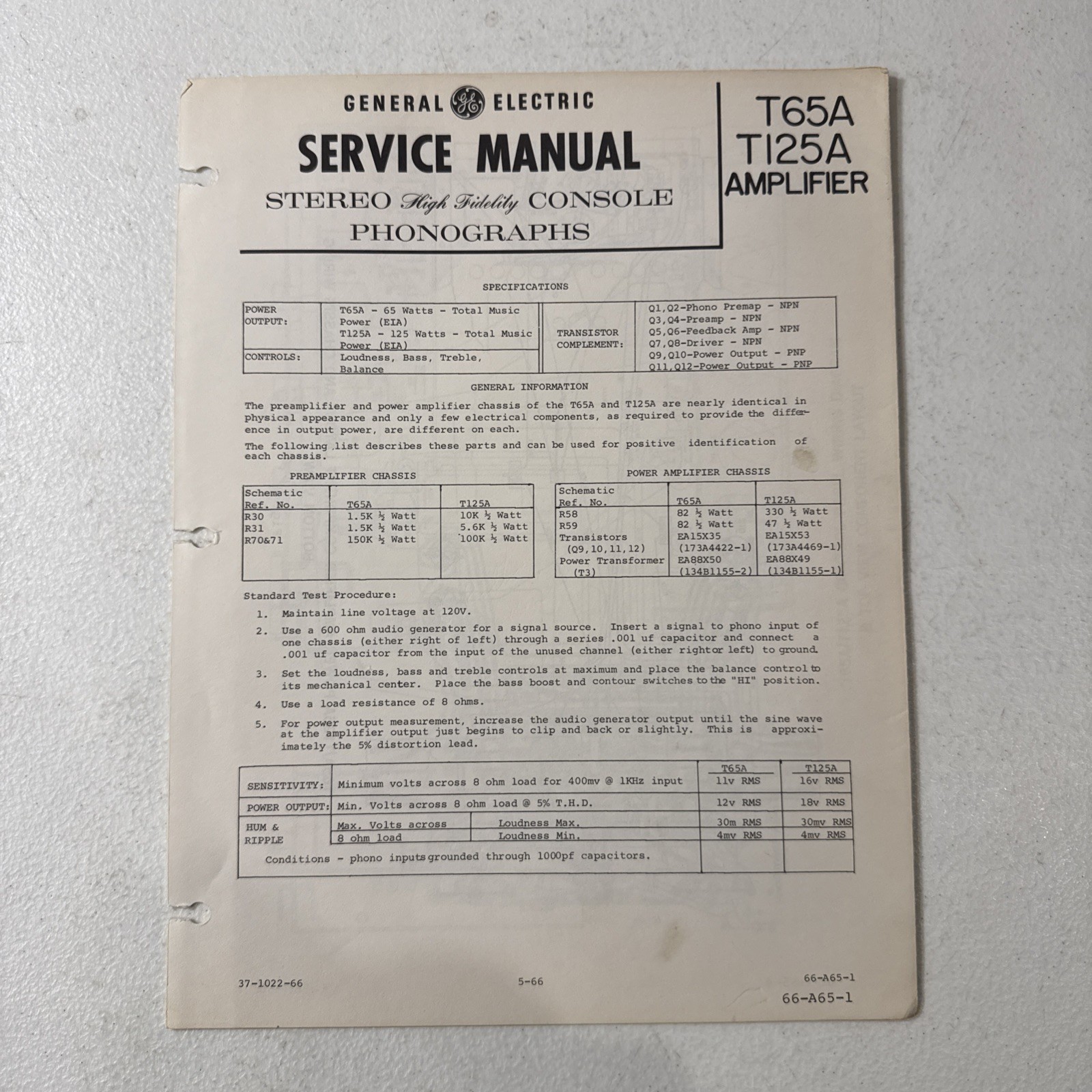 General Electric T65A & T125A Amplifier 1966 Product Service Specifications