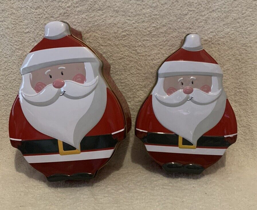 2 Pc 2006 Greenbrier International FIGURAL SANTA CLAUS Nesting Tin Boxes - EUC