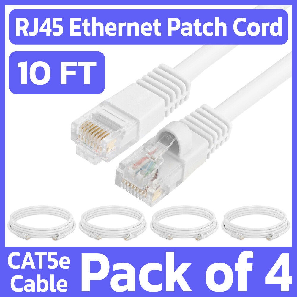 4 Pack White Cat5e Ethernet Patch Cable 10ft RJ45 Network Cord Internet Wire