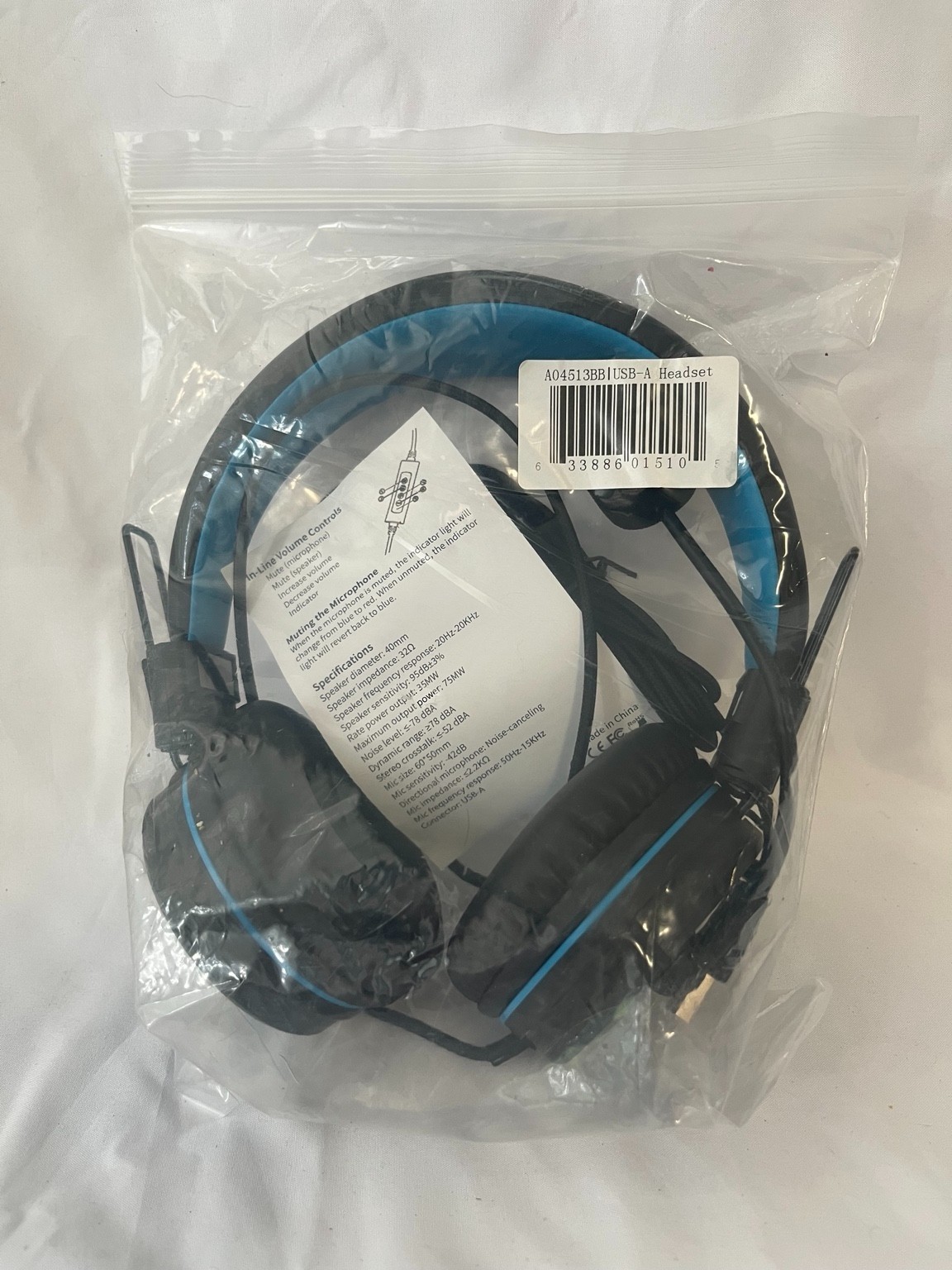 CODi A04513 USB-A Stereo Headset Boom Mic Inline Controls Blue Black Open Box