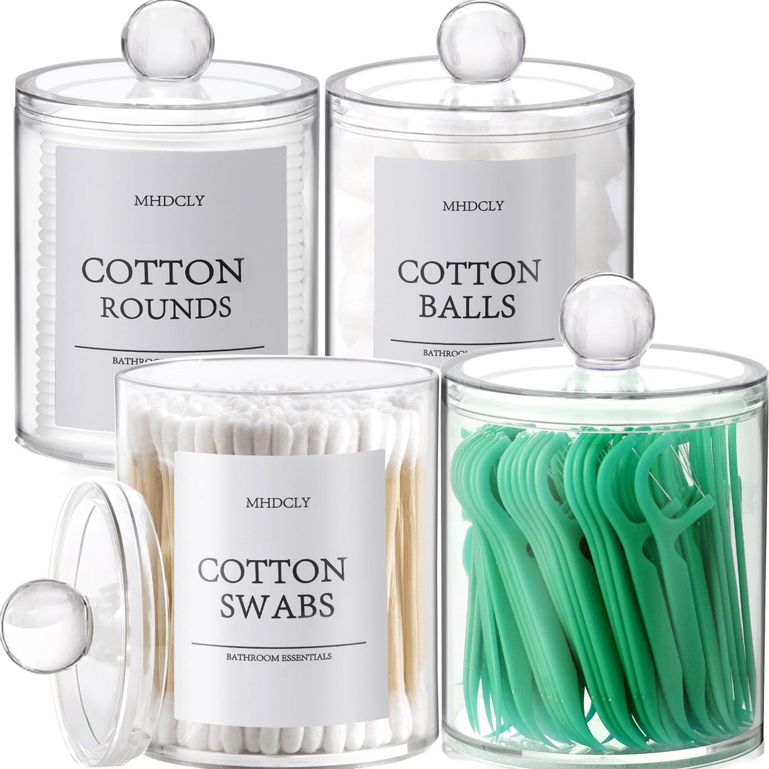 Bathroom Organizers 4 Pack | Clear Apothecary Jars w/ Lids & Labels