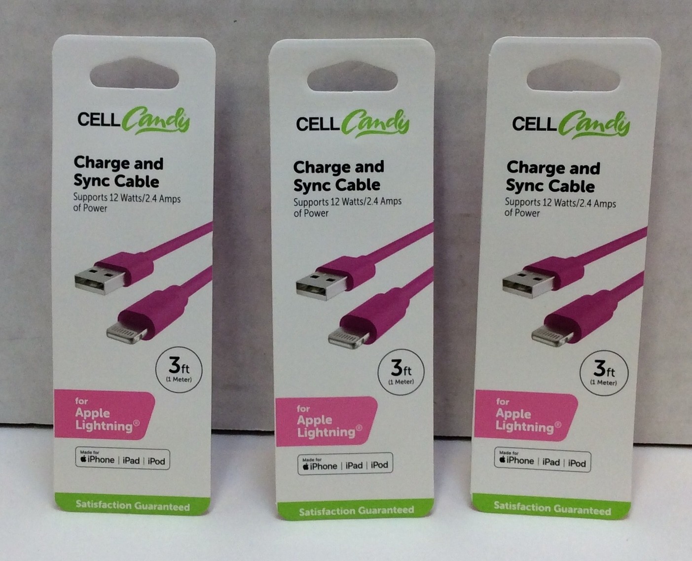 Cell Candy Charge & Sync Cable, 3 Ft, Pink, For Apple Products, Lot of 3