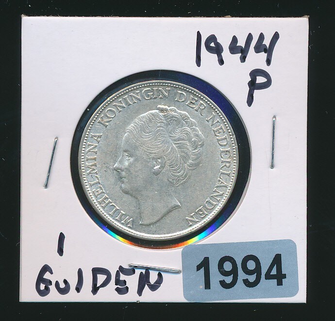 NETHERLANDS - 1 GULDEN - SILVER - 1944-P  - ACORN - RARE - LUSEROUS AU+ - #1994