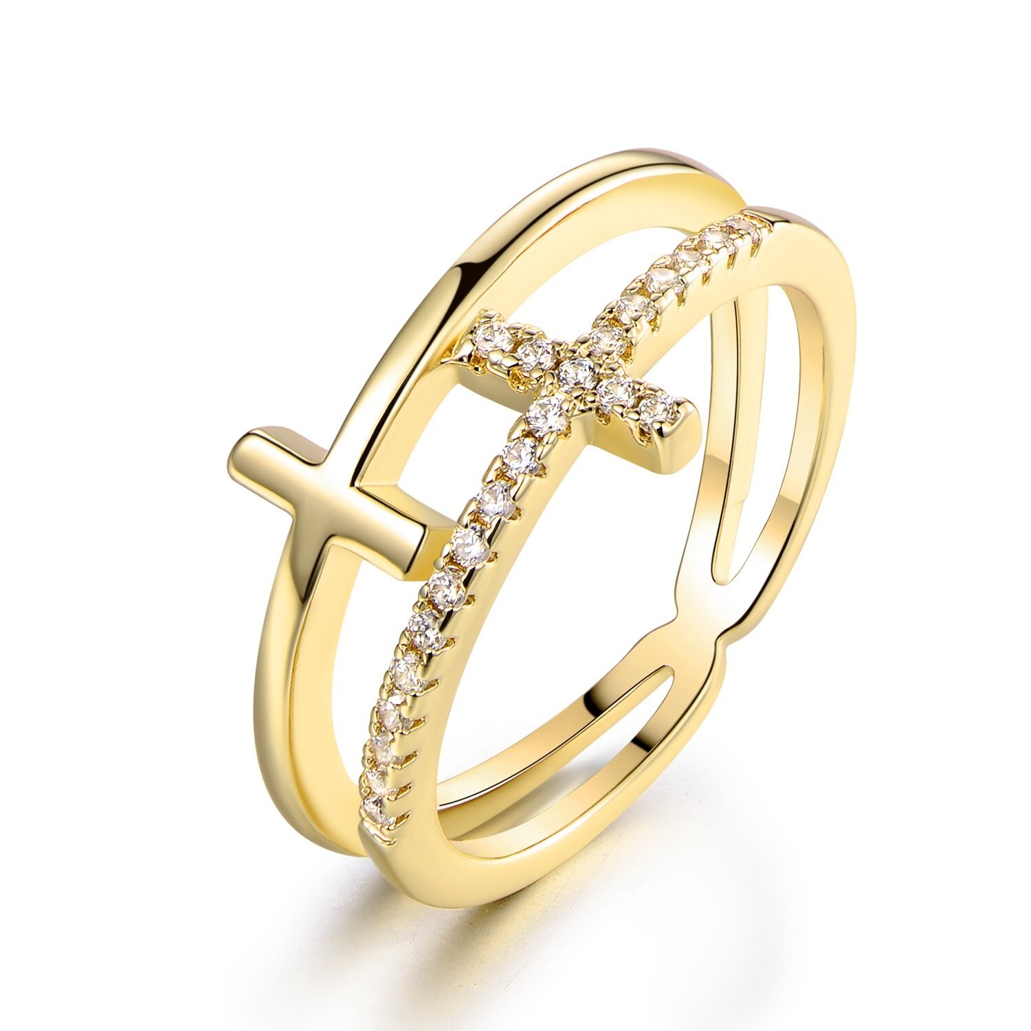 Barzel 18k Gold Plated Cubic Zirconia Double Cross Ring 7
