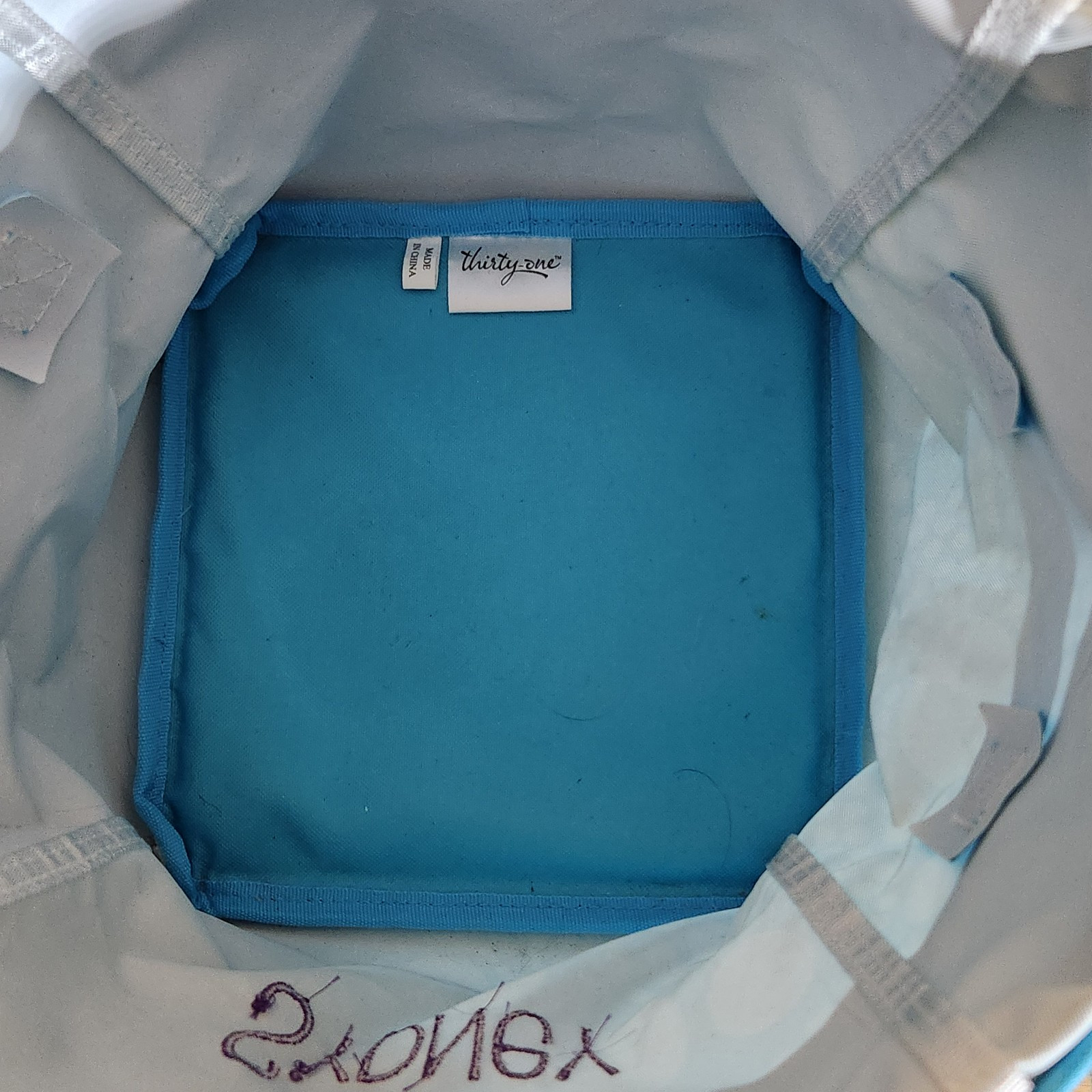 31 Thirty One 9" Large Round Utility Collapsible Bin Aqua Circle Spirals Blue