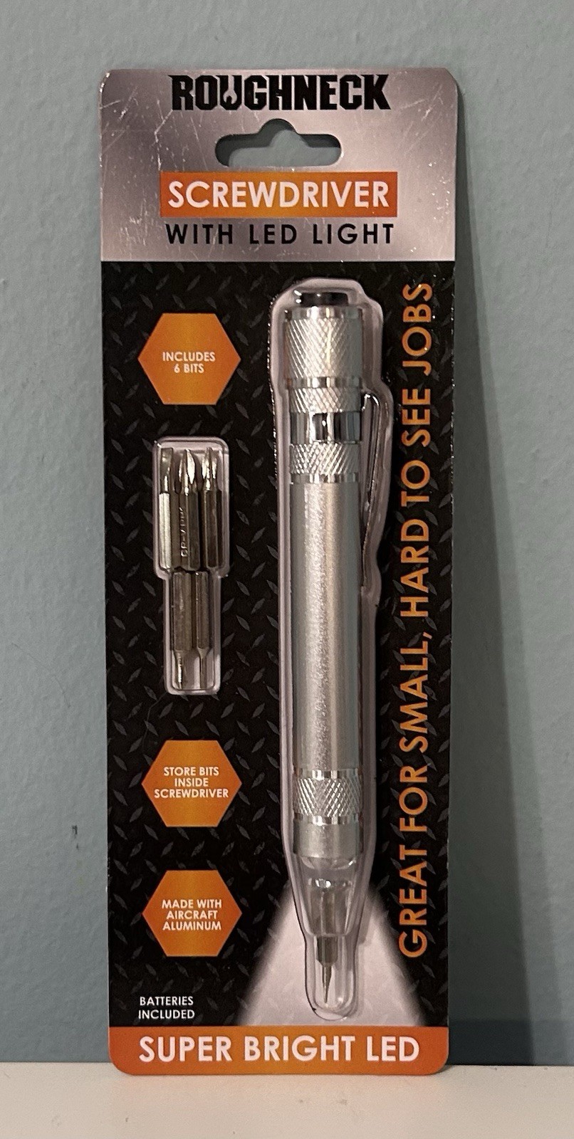 Roughneck Aircraft Aluminum Screwdriver w/LED Light & 6 Store Inside Bits Silver