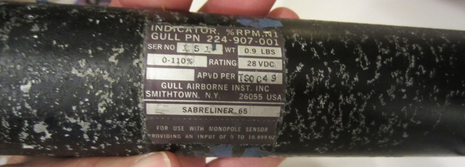 AIRCRAFT GAUGE INDICATOR GULL P/N 224-907-001 RPM PERCENT N1 GAUGE SMALL CRACK