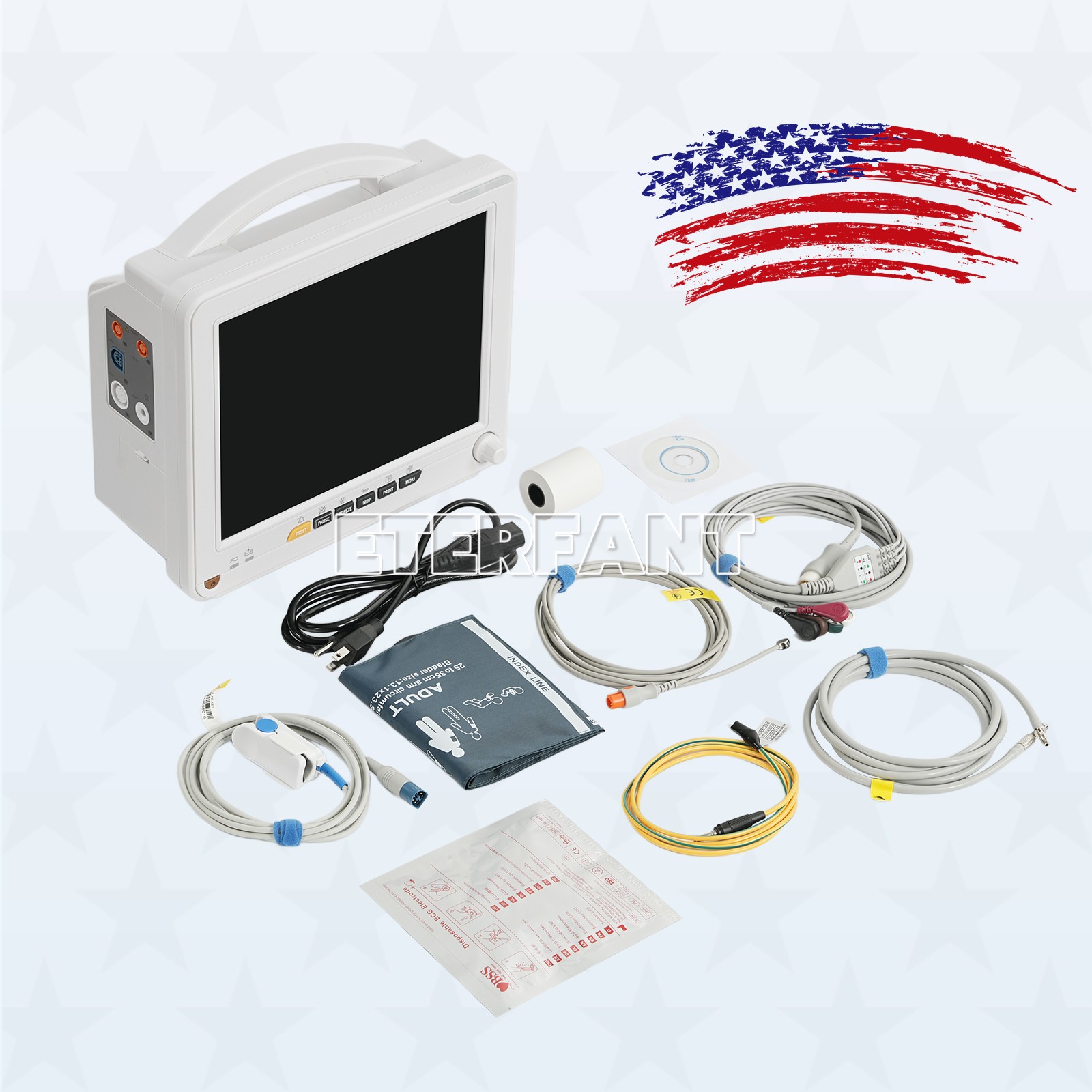 12" Patient Monitor Vital Sign with Thermal Printer ECG/NIBP/RESP/TEMP/SPO2/PR