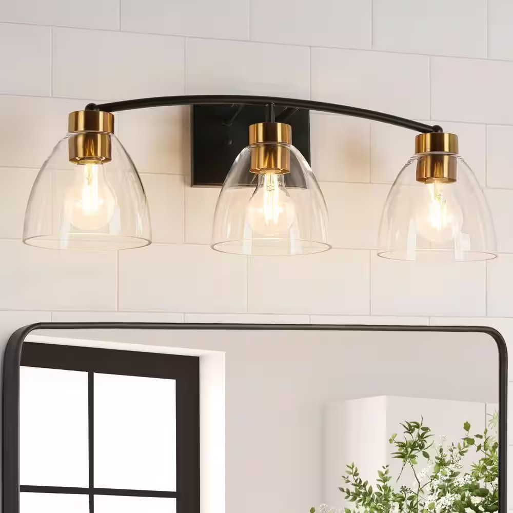 Modern 23.2 In. 3-Light Black and Brass Bath Vanity Light with Bell Clear Glass