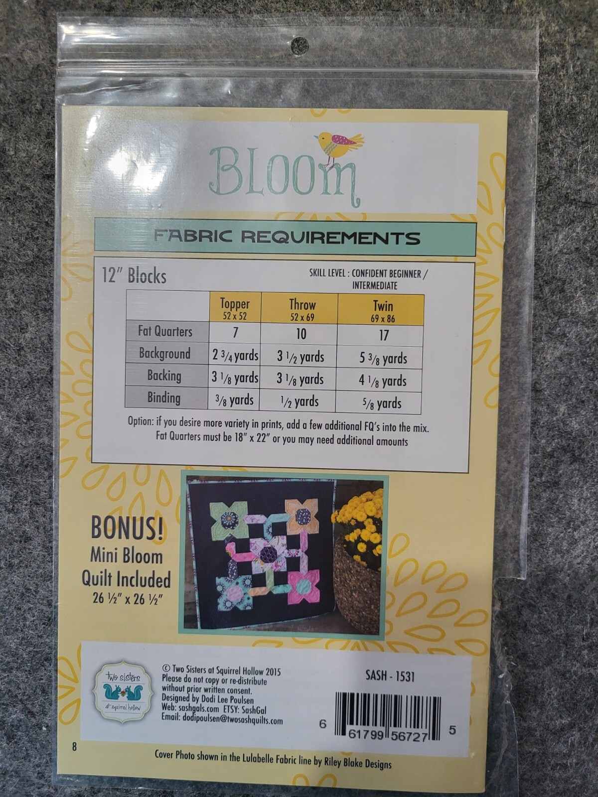 New Bloom Quilt Pattern by Two Sisters at Squirrel Hollow SASH 1531