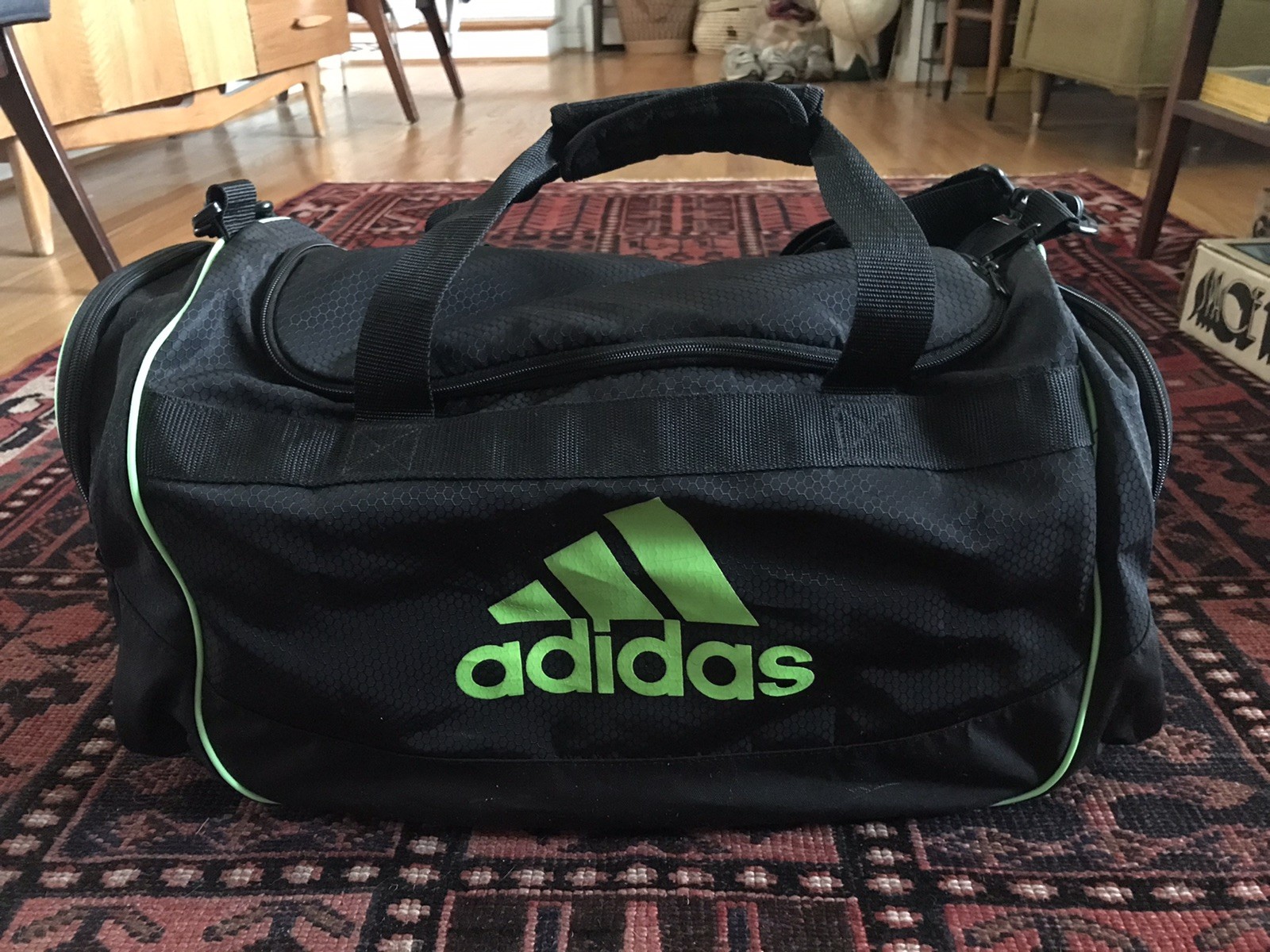 Adidas Black And Green Logo Gym Duffel Bag W Handle And Cross Body Strap