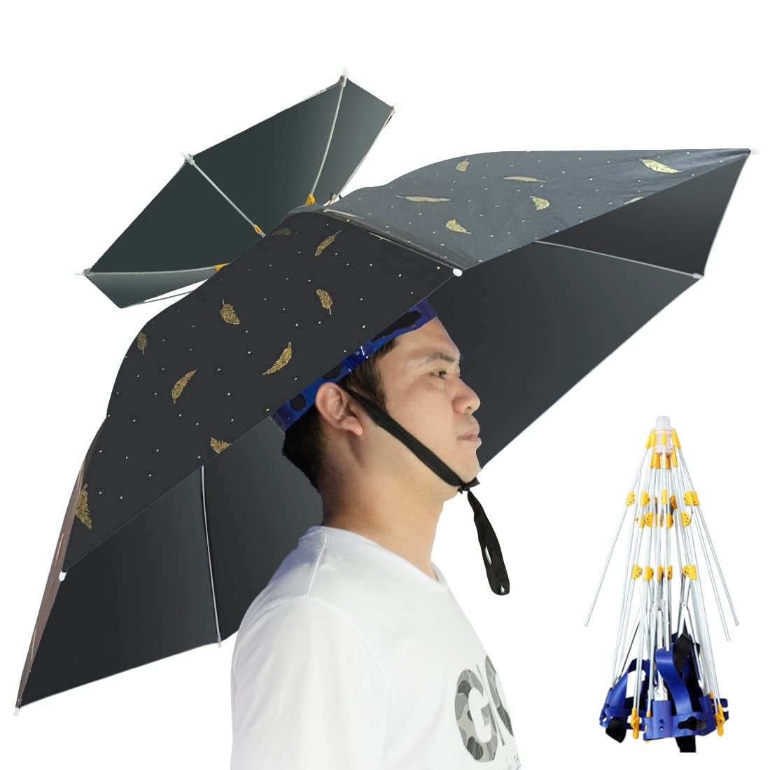 Umbrella Hat Folding Adjustable Sun Rain Cap, 37.4â€ UPF 50+ UV Plume/Black