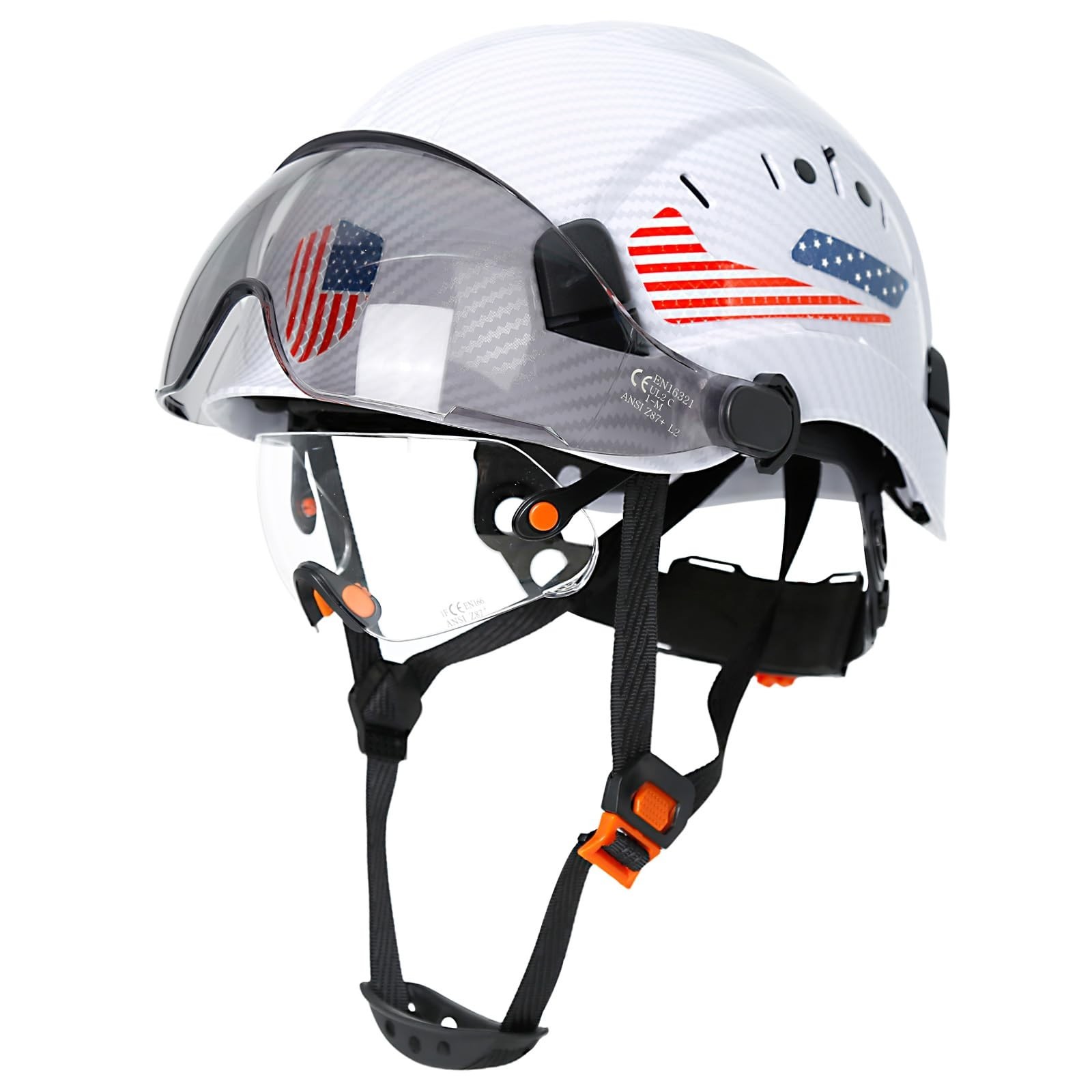 PerldVerge Bright White Carbon Fiber Hard Hat with Visor OSHA Approved ANSI